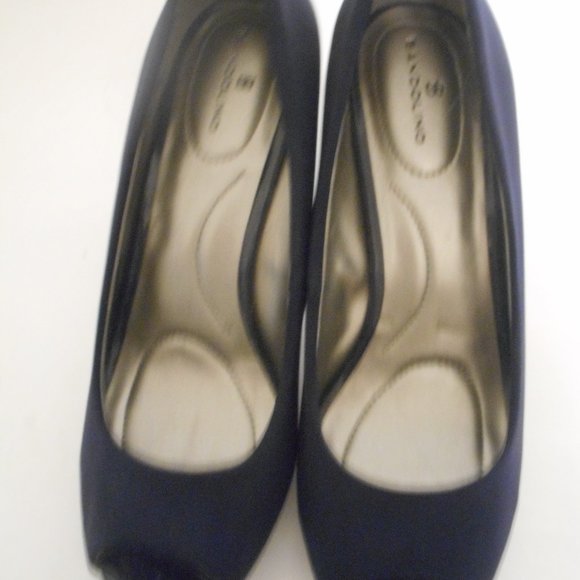 LADIES BANDLINO NAVY OPEN TOED HIGH HEEL SHOES-SZ. 7- 1/2M - Picture 1 of 8